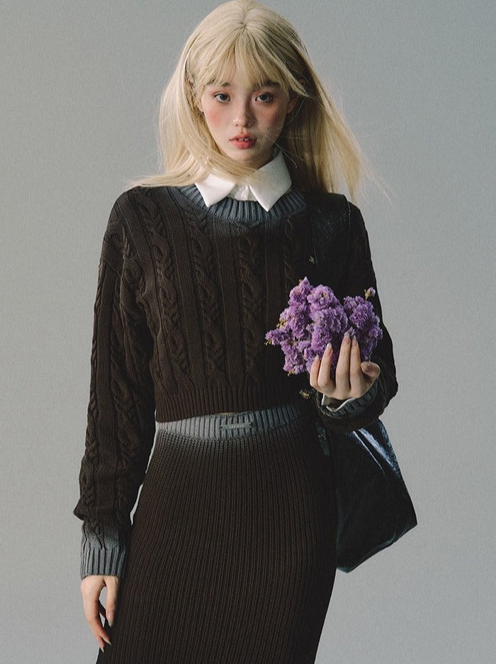 Gradient cable knit + short knit skirt + long knit skirt