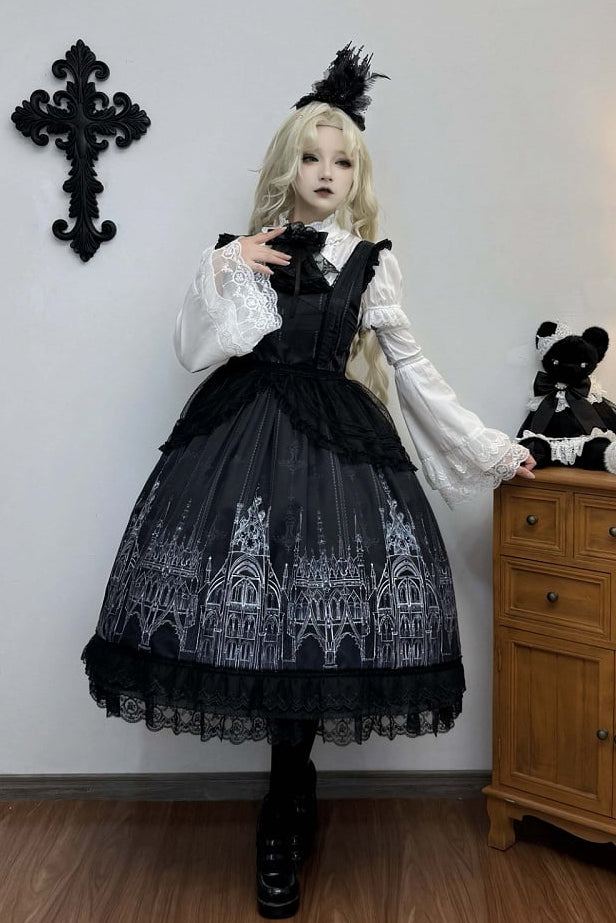 【10月13日予約締切】Gothic Lolita Black White Cathedral Print Lace Trim JSK Dress + Full Dress Set (Detachable Sleeved Shirt, Mini Hat, Apron, Brooch)