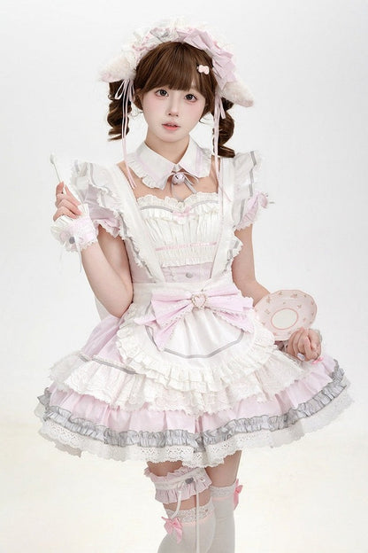 [Pre-Order] Pink Sweet Lolita Ruffle Maid Dress Set (Detachable Collar with Bells + Waist Apron with Ribbon + Back Ribbon + Leg Rings)