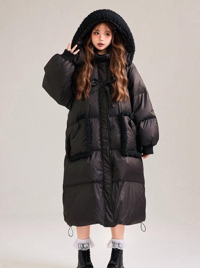 Boa Hoodie Sweet Ribbon Drawstring Long Down Coat