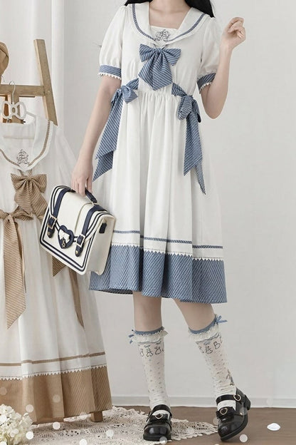 [Reservierungsschluss 28. Juni] 5 Farben/Sailor-Lolita-Streifenkleid mit Schleife und Puffärmeln