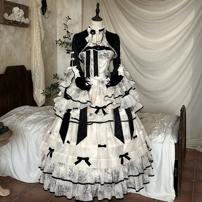 [Pre-order item] Brandy French Pearl Elegant Bustier Dress + Long Skirt + Black Jacquard Jacket + Complete Accessories
