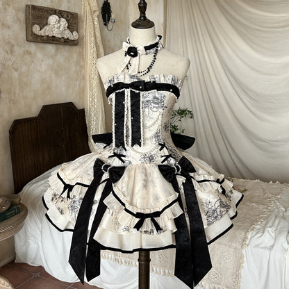 Brandy French Pearl Elegant Bustier Dress + Black Jacquard Jacket + Accessories