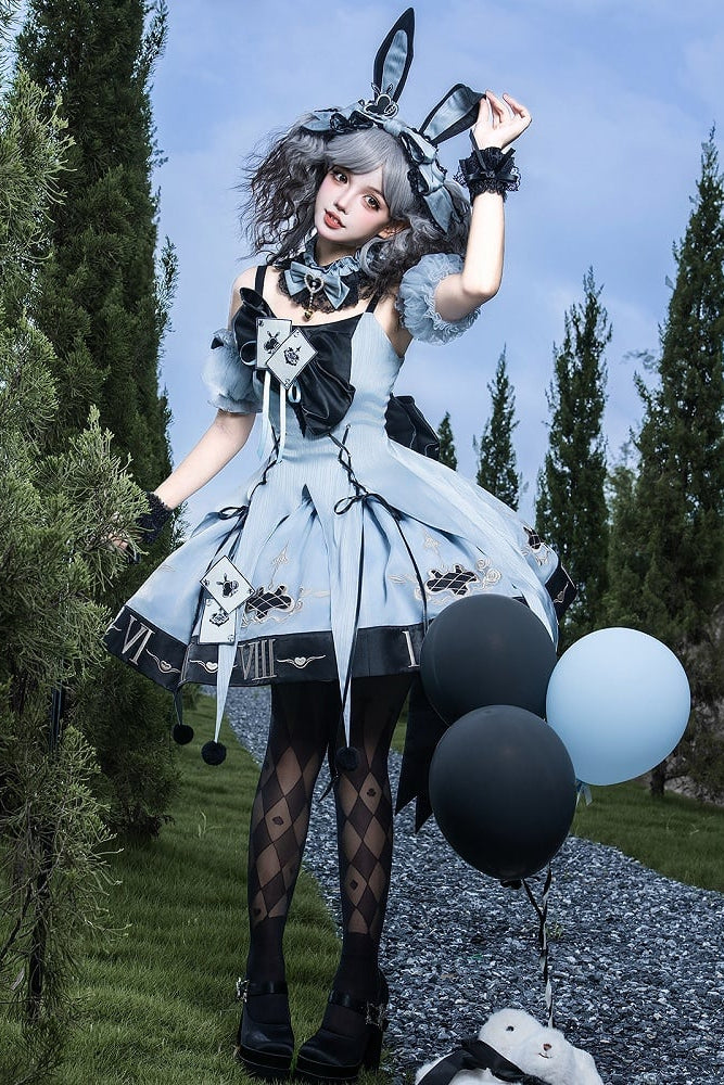 [Reservierungsschluss 10. Juli] Blau-schwarzes Alice-Gothic-Lolita-Komplettset mit Hasenohren-Haarreif und Kleid