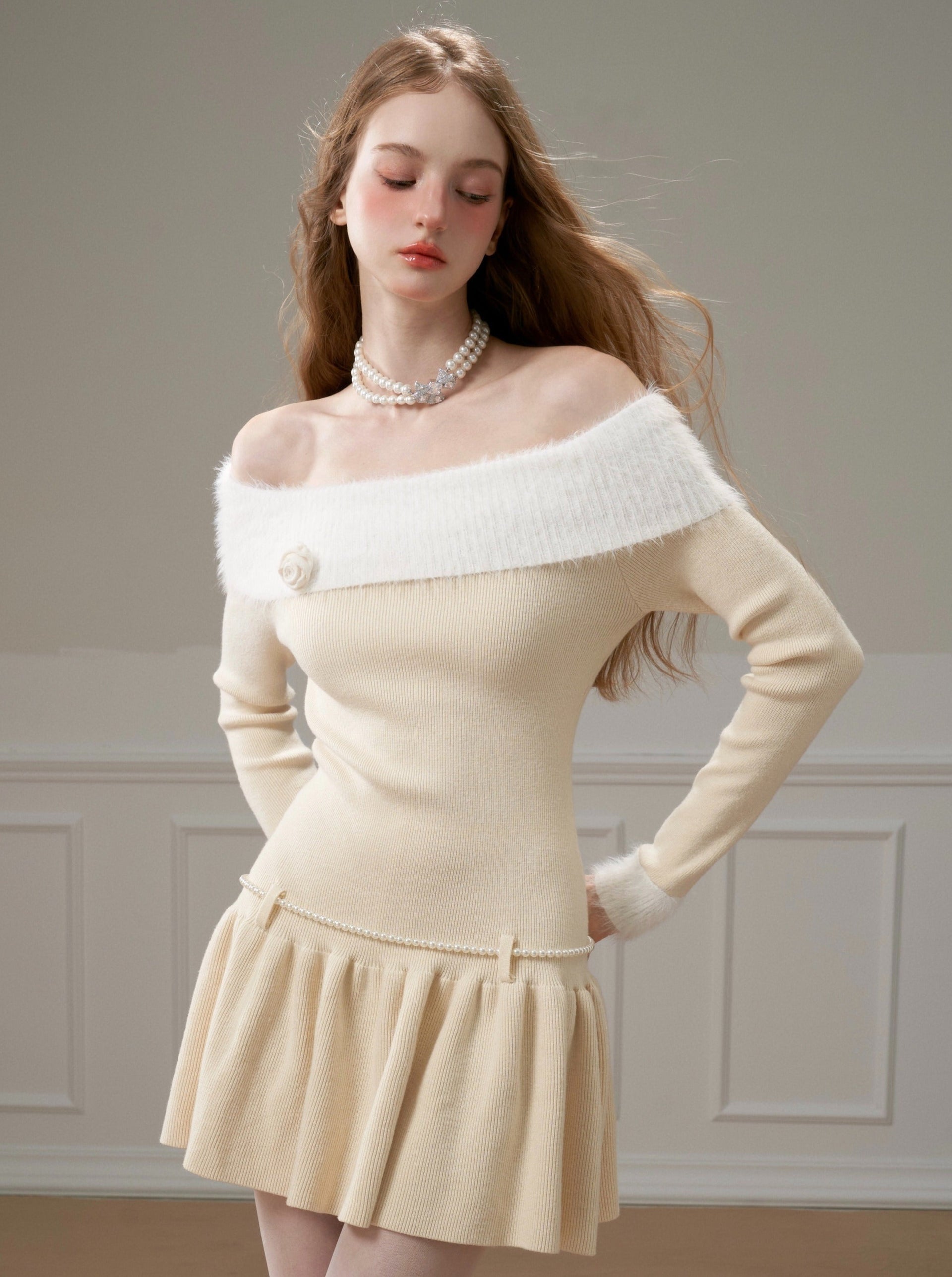 Rose Ballet Sweet Girly Off-the-shoulder Knit Dress – Belchic
