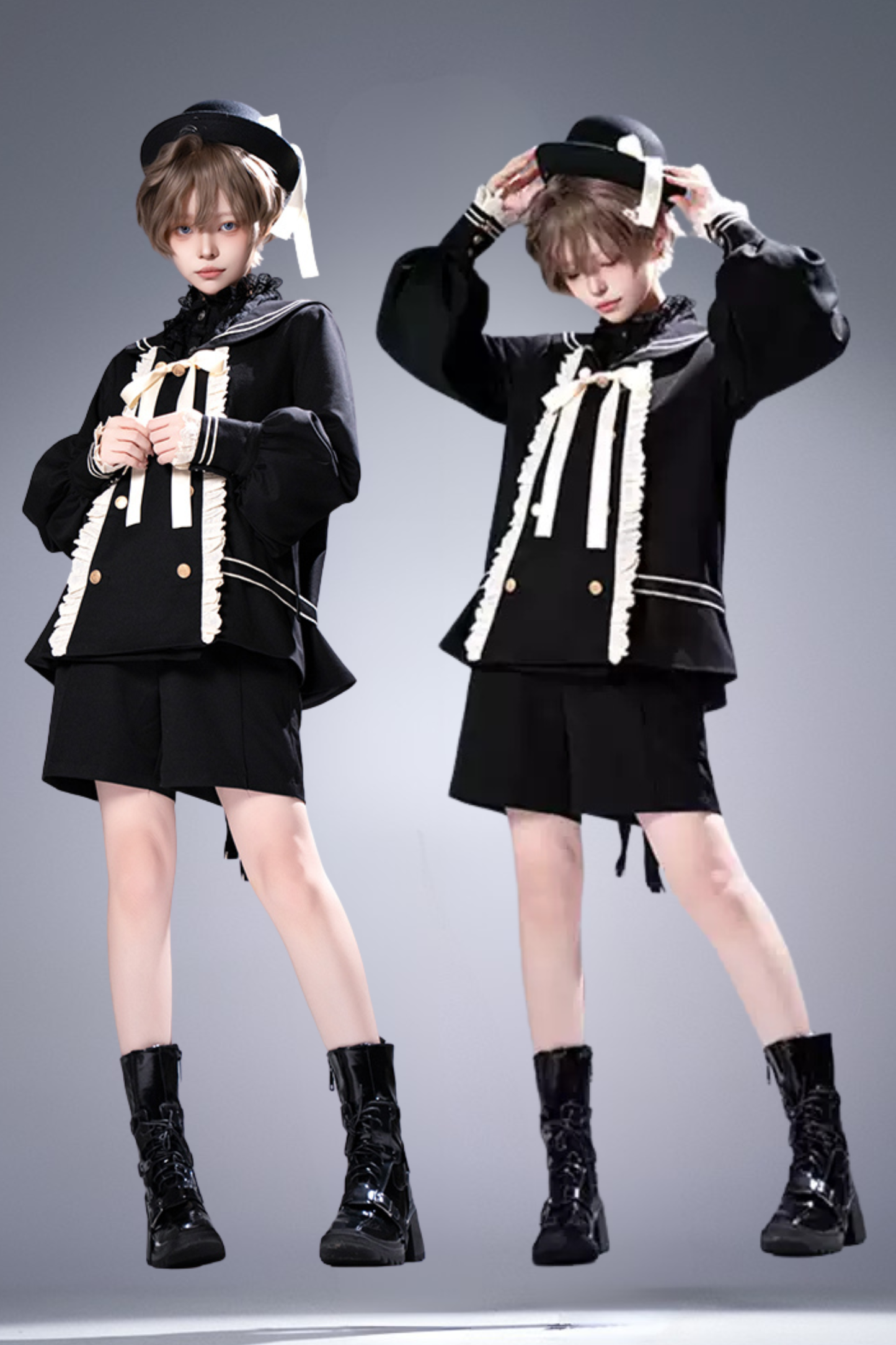 College Style Prince Sailor Collar Jacket Shorts Set + Hat