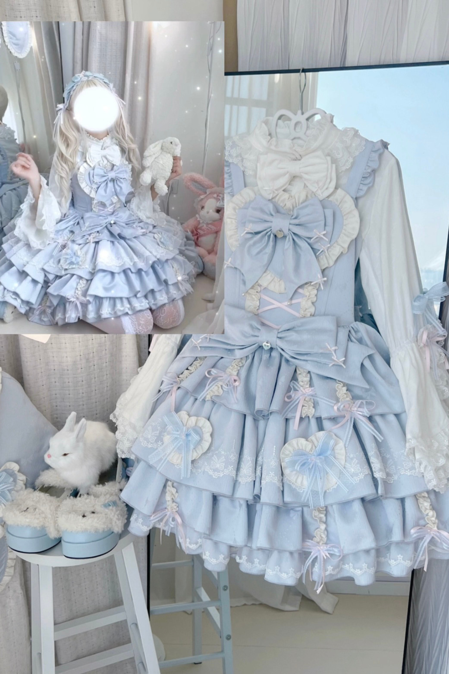 レイヤーフリルスイートプリンセスロリータジャンパースカート+テール+ヘアバンド+ケープ+ボンネット