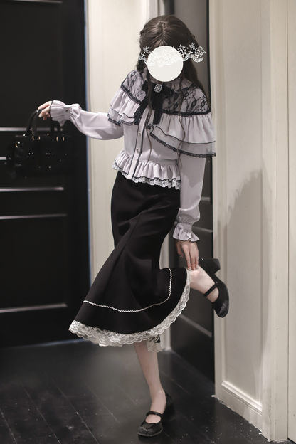 シフォンレースシャツ+フィッシュテールスカート+リボン