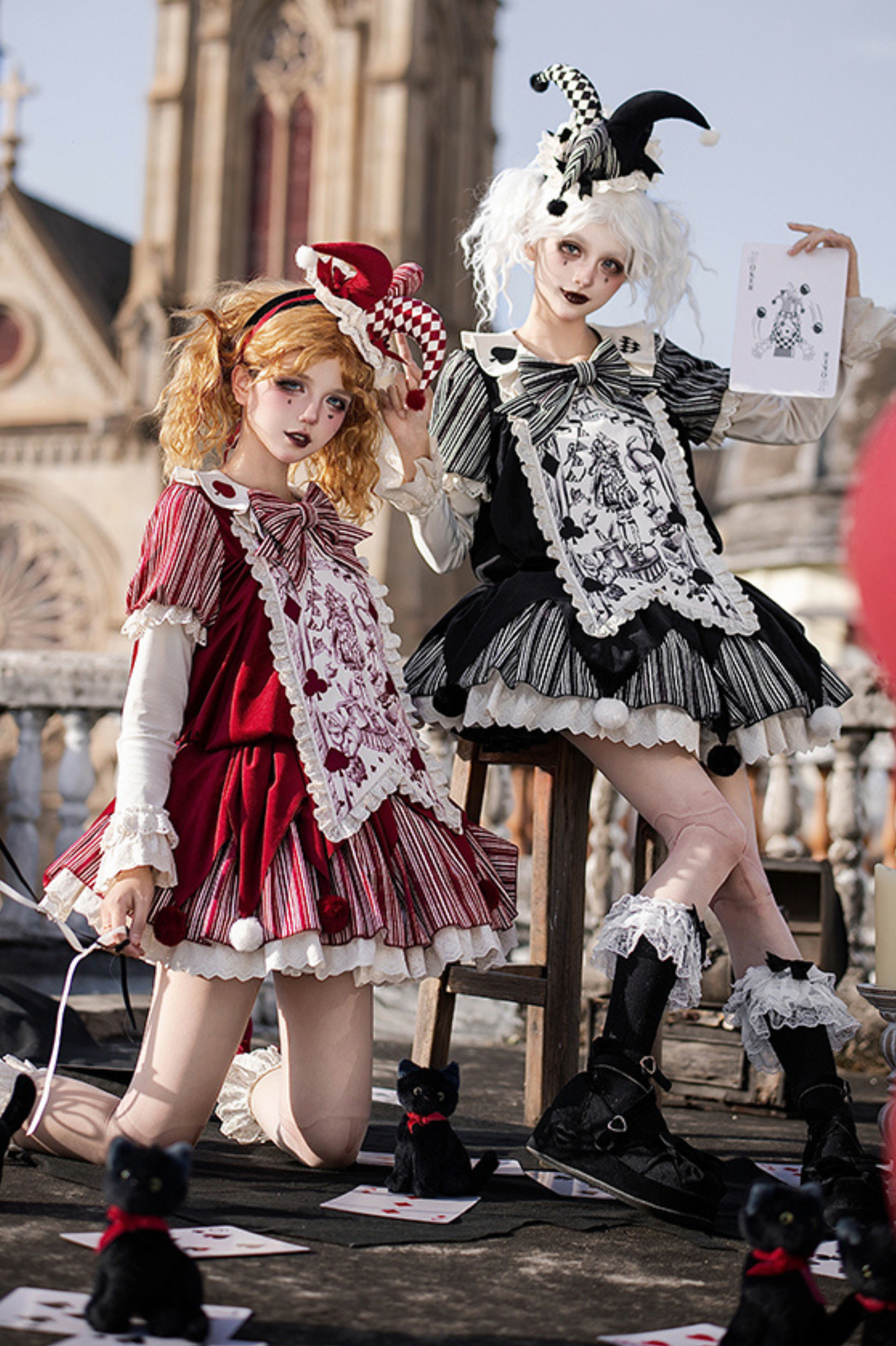 ドールサーカスピエロロリータドレス+カチューシャ+ベルト+リボン+カチューシャ+バッフル