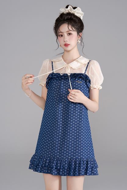 Polka Dot Ruffle Denim Dress + Shirt