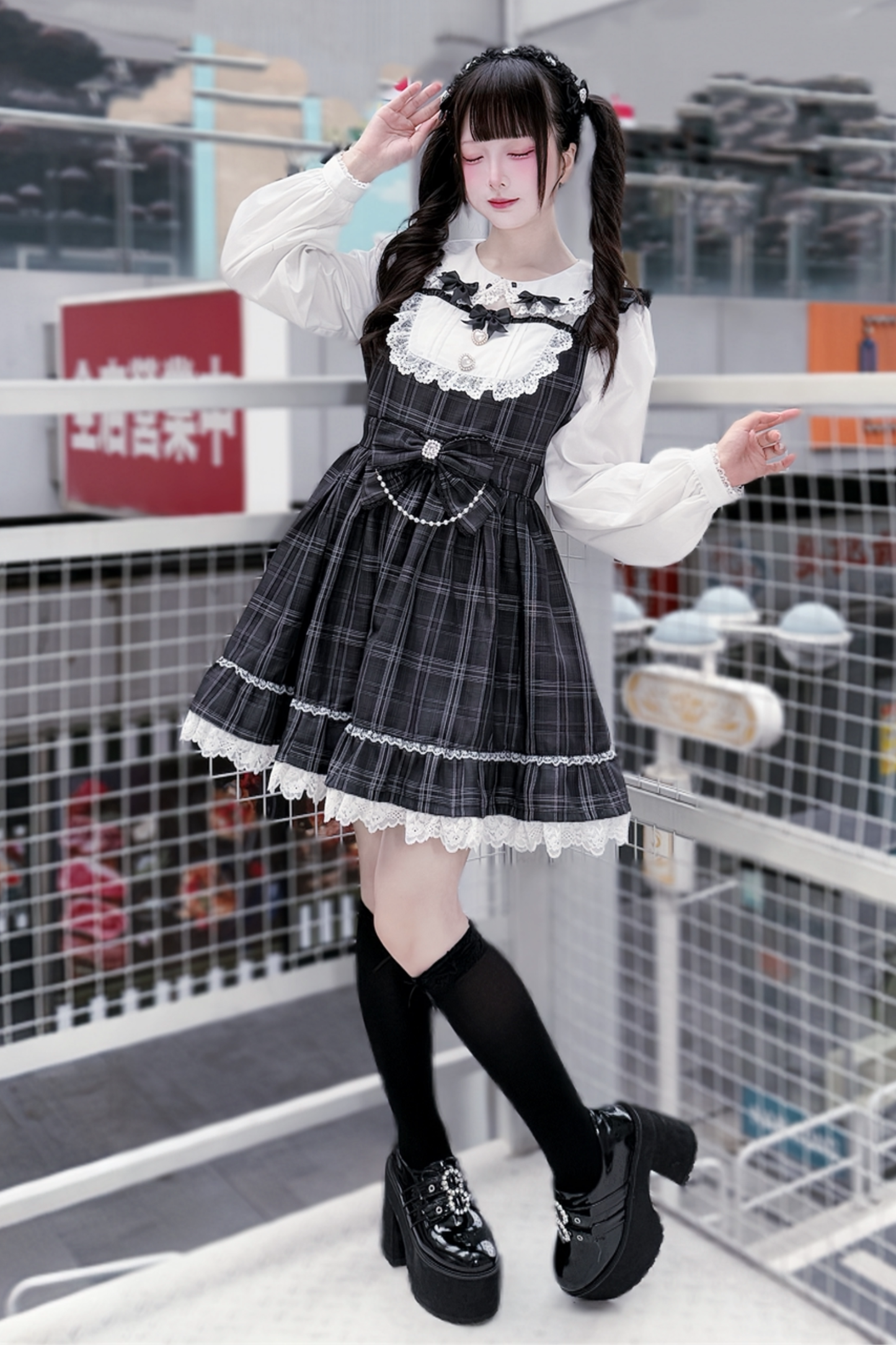 다크 스위트 걸리 체크 원피스 + 머리띠