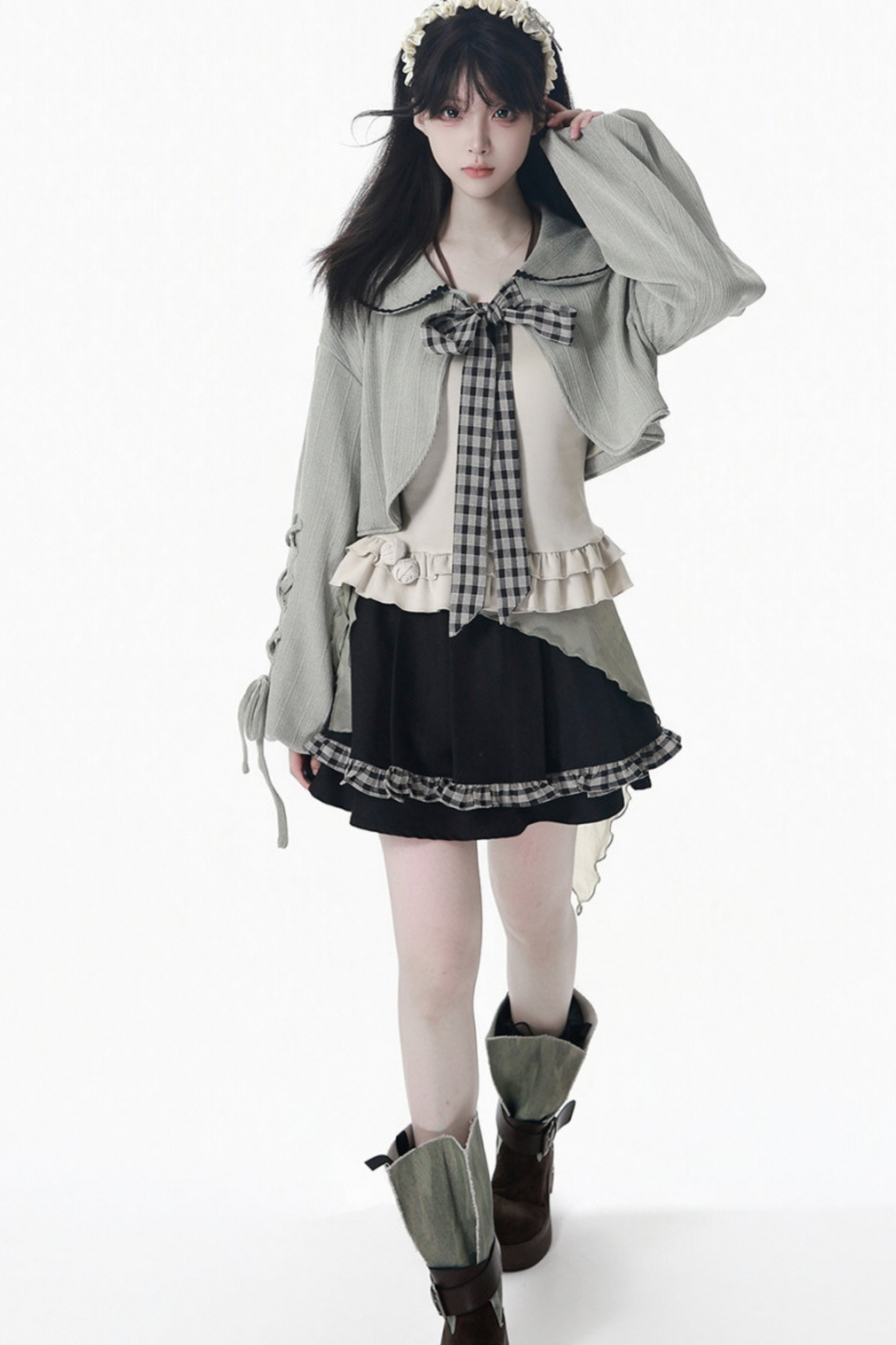 Check Ribbon Camisole Two Piece Jacket + Cape Coat + Skirt