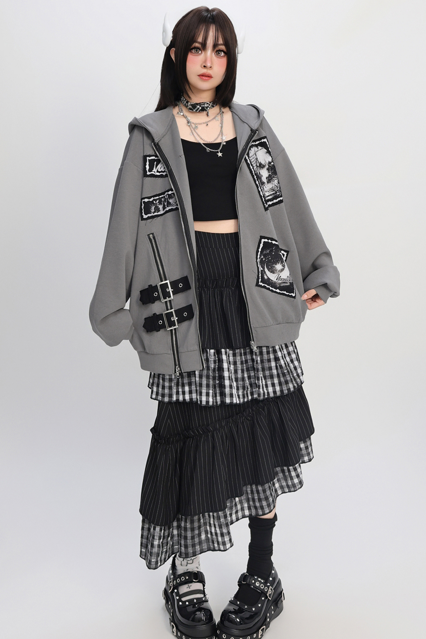 Bee Stitch Print Patchwork Zipper Loose Hoodie