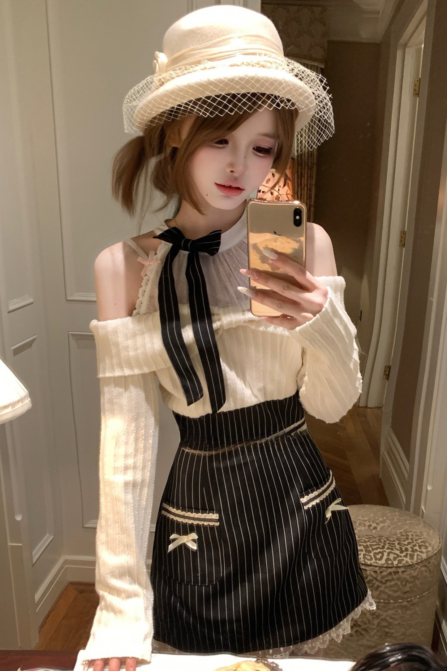 リボンオフショルダーストライプドレス