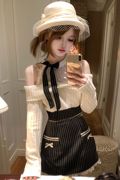 リボンオフショルダーストライプドレス