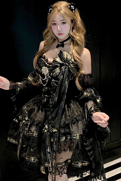 ゴールデンゴシックドレス+チョーカー+スリーブ+バッジ