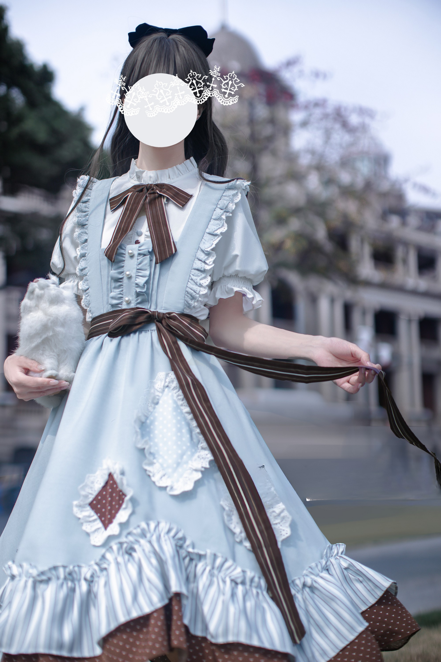 【予約商品】レトロアリス風サスペンダースカート＋シャツ＋リボンネクタイ＋ブローチ＋ヘアクリップ