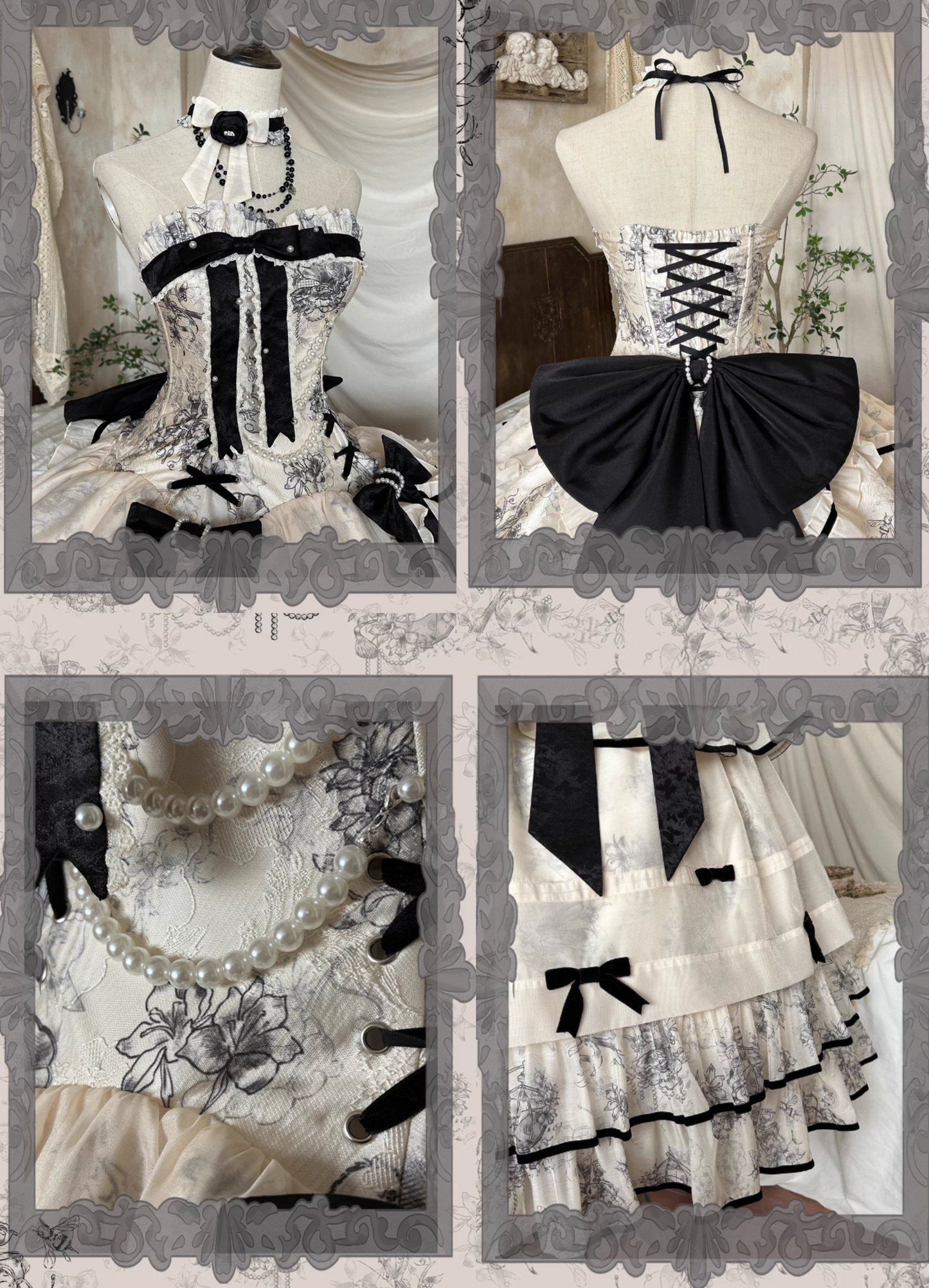 [Pre-order item] Brandy French Pearl Elegant Bustier Dress + Long Skirt + Black Jacquard Jacket + Complete Accessories