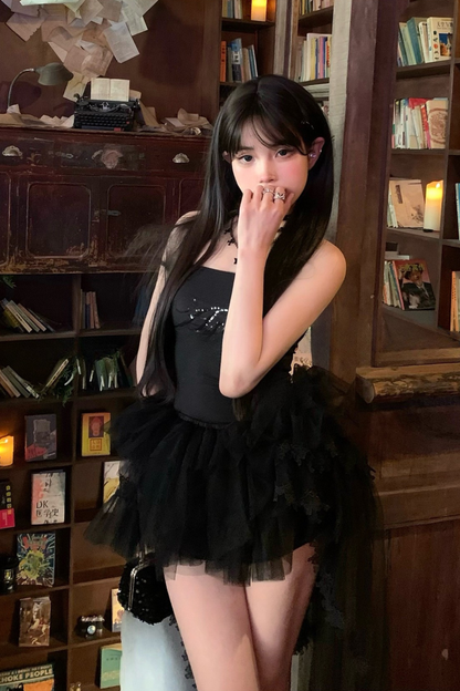 スパンコールトップス＋メッシュAラインスカート