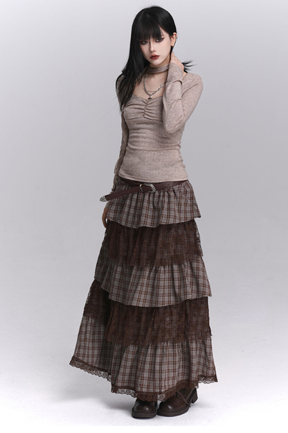 チェックティアードレースロングスカート