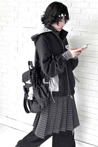 Animal Doll Print Top + Pleated Skirt + Wide Pants + Jacket