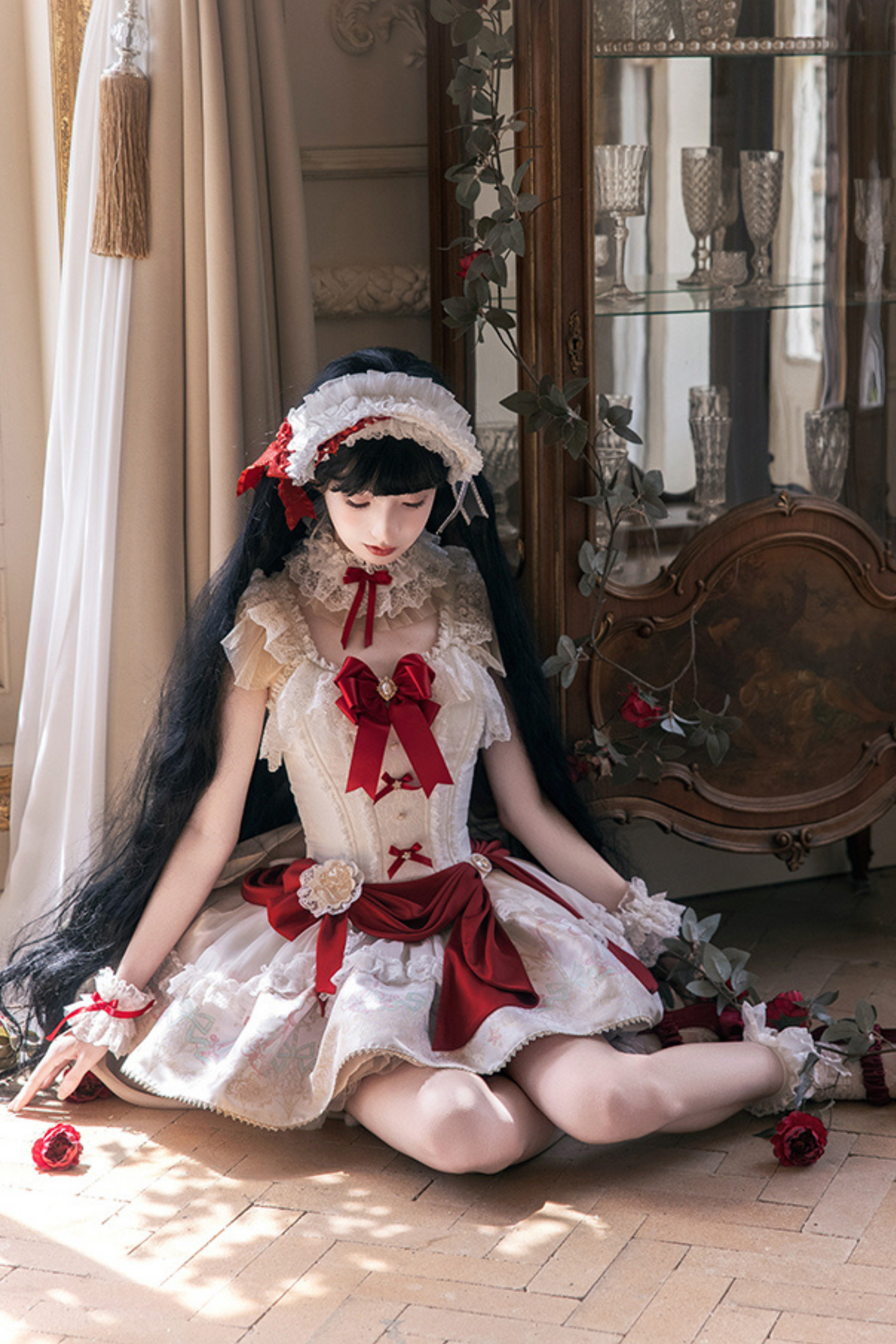 白雪プリンセスロリータドレス+ボンネット+レースチョーカー