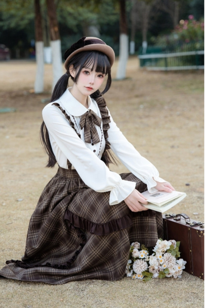 Retro girly check skirt + ruffle blouse