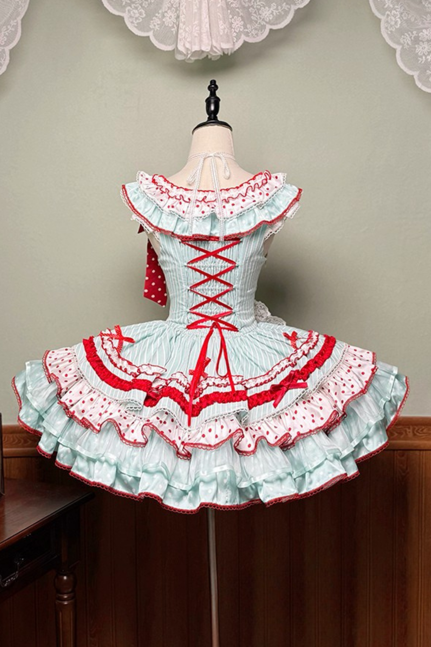 [Pre-order Deadline: September 27] Twin Tiered Lolita Dot Ribbon Striped Dress + Flower Bud Skirt Dress