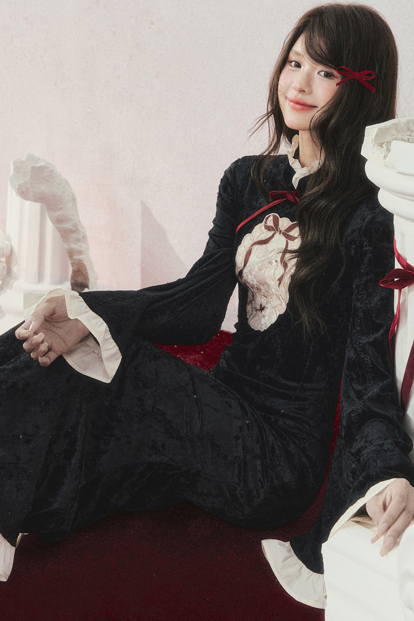 レトロゴージャスブラックベルベットマーメイドテールチャイナドレス+マント