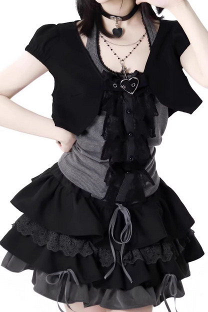 ヴィンテージショートカーディガン＋レースホルターネックトップス＋スカート