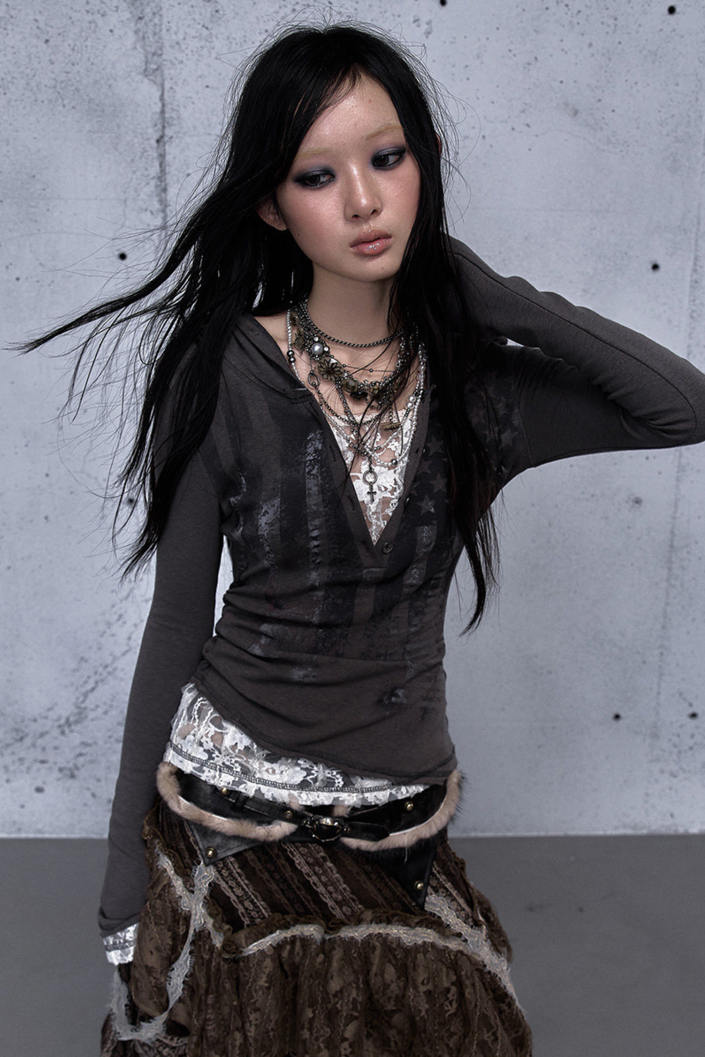 레이스 패치워크 타이트 후드 파커