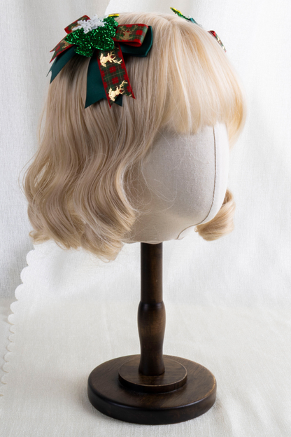 クリスマスチェックヘアーオーナメントリボンクリップ+ハットクリップ+ヘアバンド