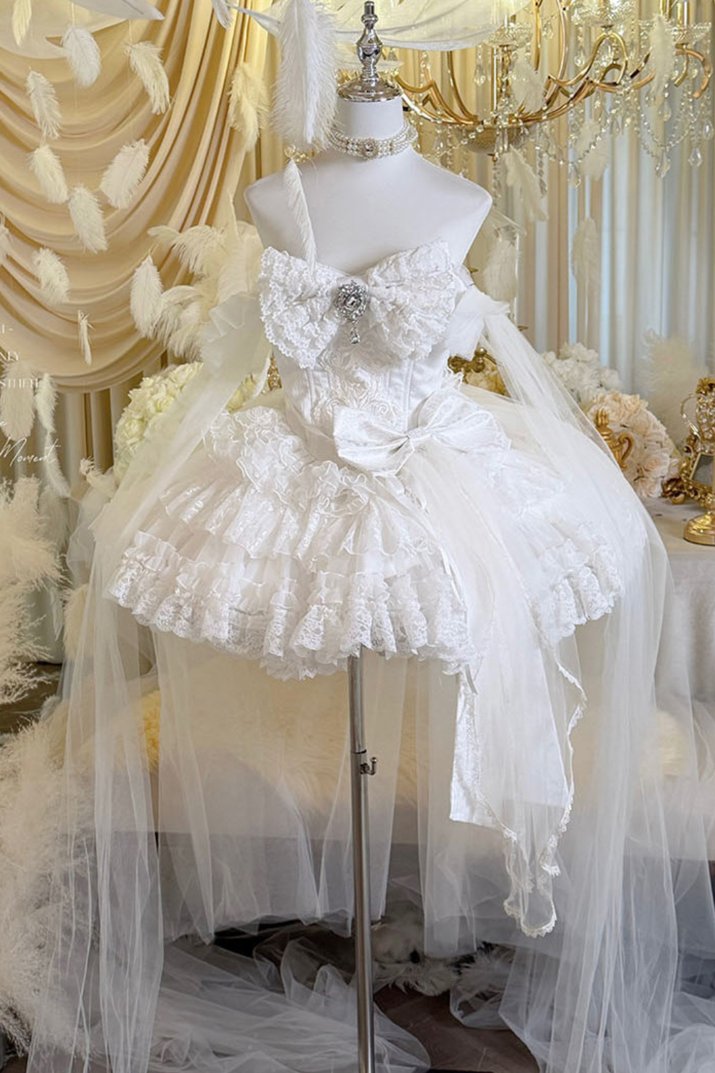 [Vorbestellung bis 4. April]Weißes Feder-Zeremonienkleid + Schal + Schwanz + Schleier + Schleife + Ärmel