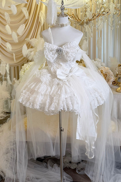 [Vorbestellung bis 4. April]Weißes Feder-Zeremonienkleid + Schal + Schwanz + Schleier + Schleife + Ärmel