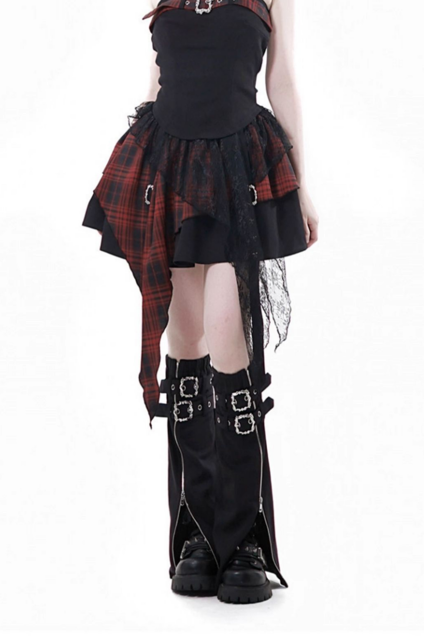 ホルターネックベスト+ルーズトップス+チェックスカート+レッグウォーマー
