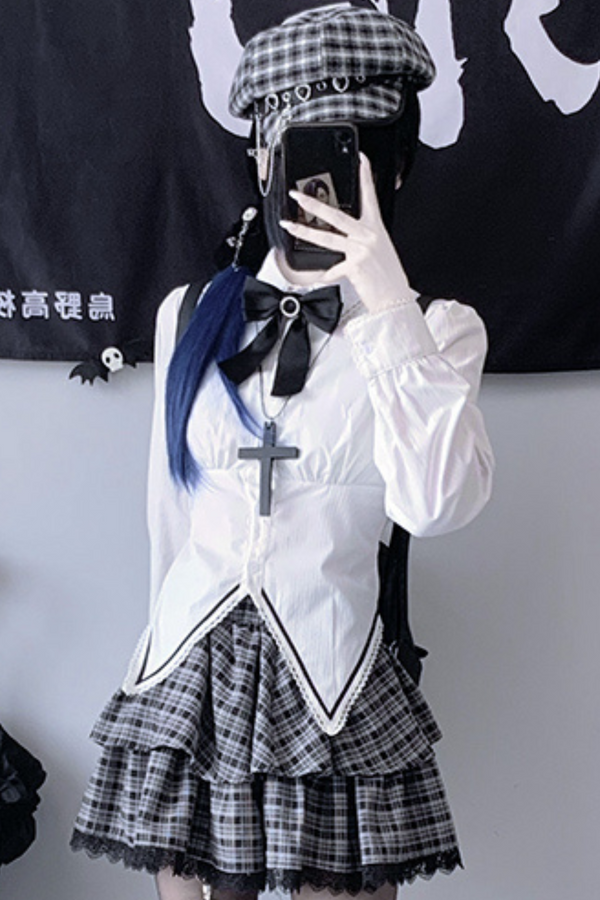 ゴシックスタイル+シャツ+チェックスカート+リボン+ネクタイ