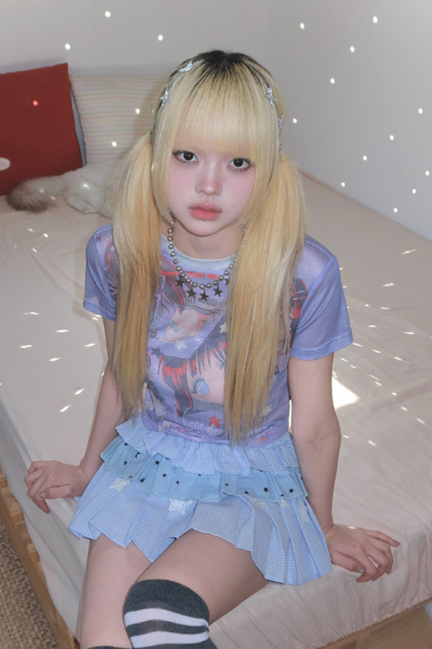 ドリームスターレースブルーチェックトリプルパフィースカート