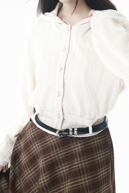 メープルトレンチコート+フードトップス+チェックスカート+シャツドレス