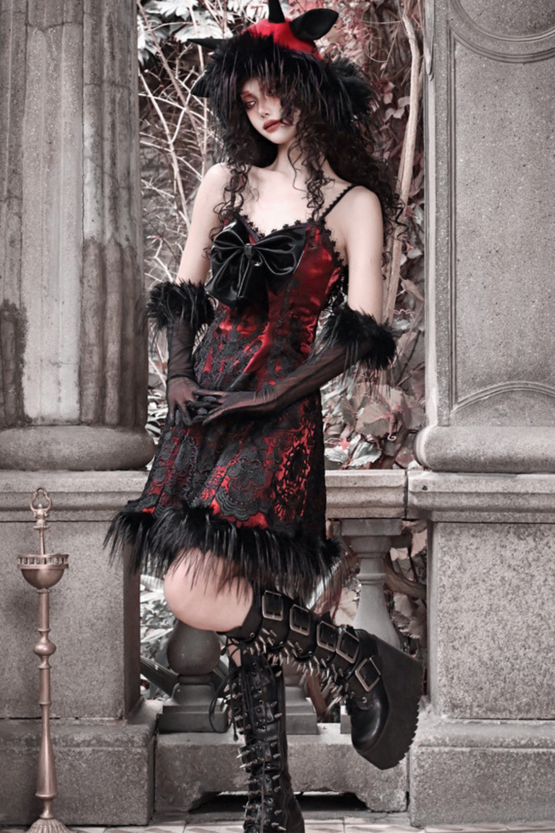 goth slip dress Leather harness laser engraved Black Agoraphobix alternative detailing Sunspun Western Elegant Goth Style
