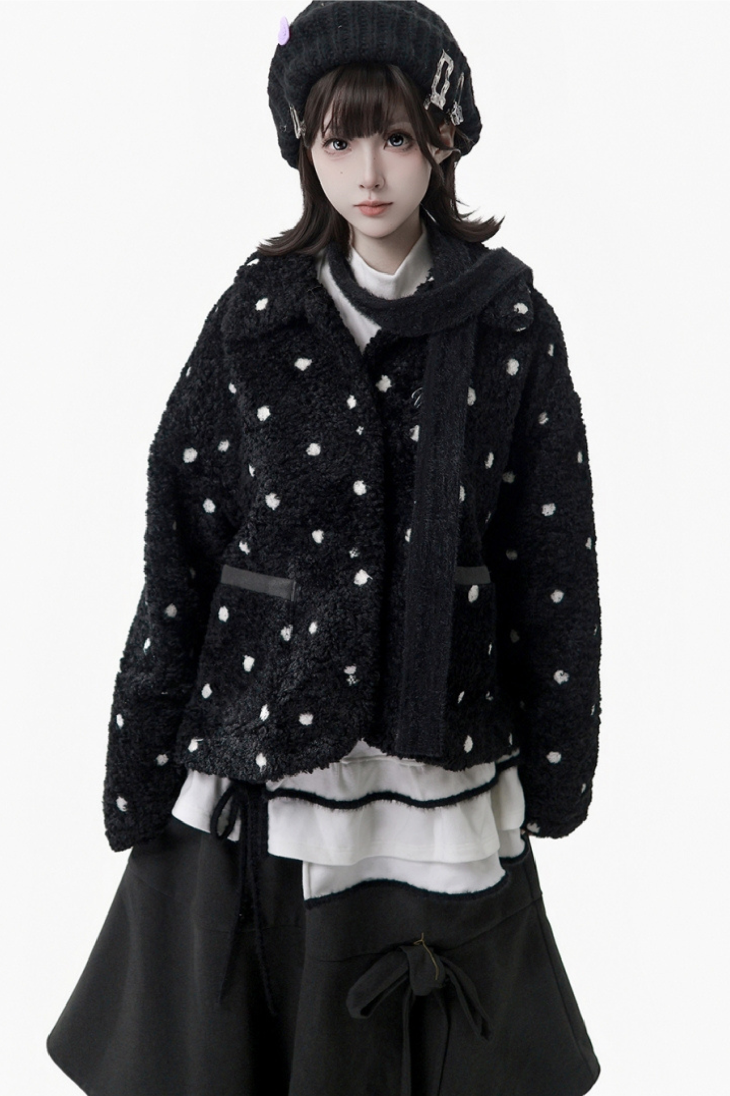 ポルカドットウィンターフリースジャケット+ベスト+トップス+スカートスカーフ