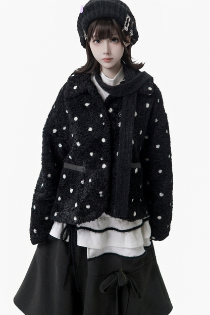 ポルカドットウィンターフリースジャケット+ベスト+トップス+スカートスカーフ