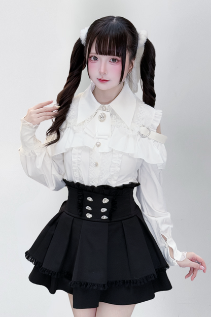 [Deadline for reservations: October 15] Open Shoulder Heart Leather Strap Ruffle Ribbon Shirt