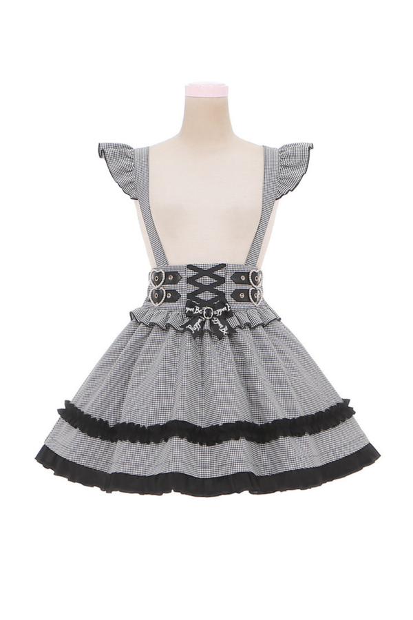 レースオフショルダートップス+サスペンダースカート