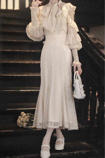 エレガントクリアシフォンビッグリボンシャツ+マーメイドスカート