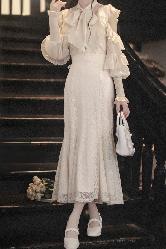 エレガントクリアシフォンビッグリボンシャツ+マーメイドスカート