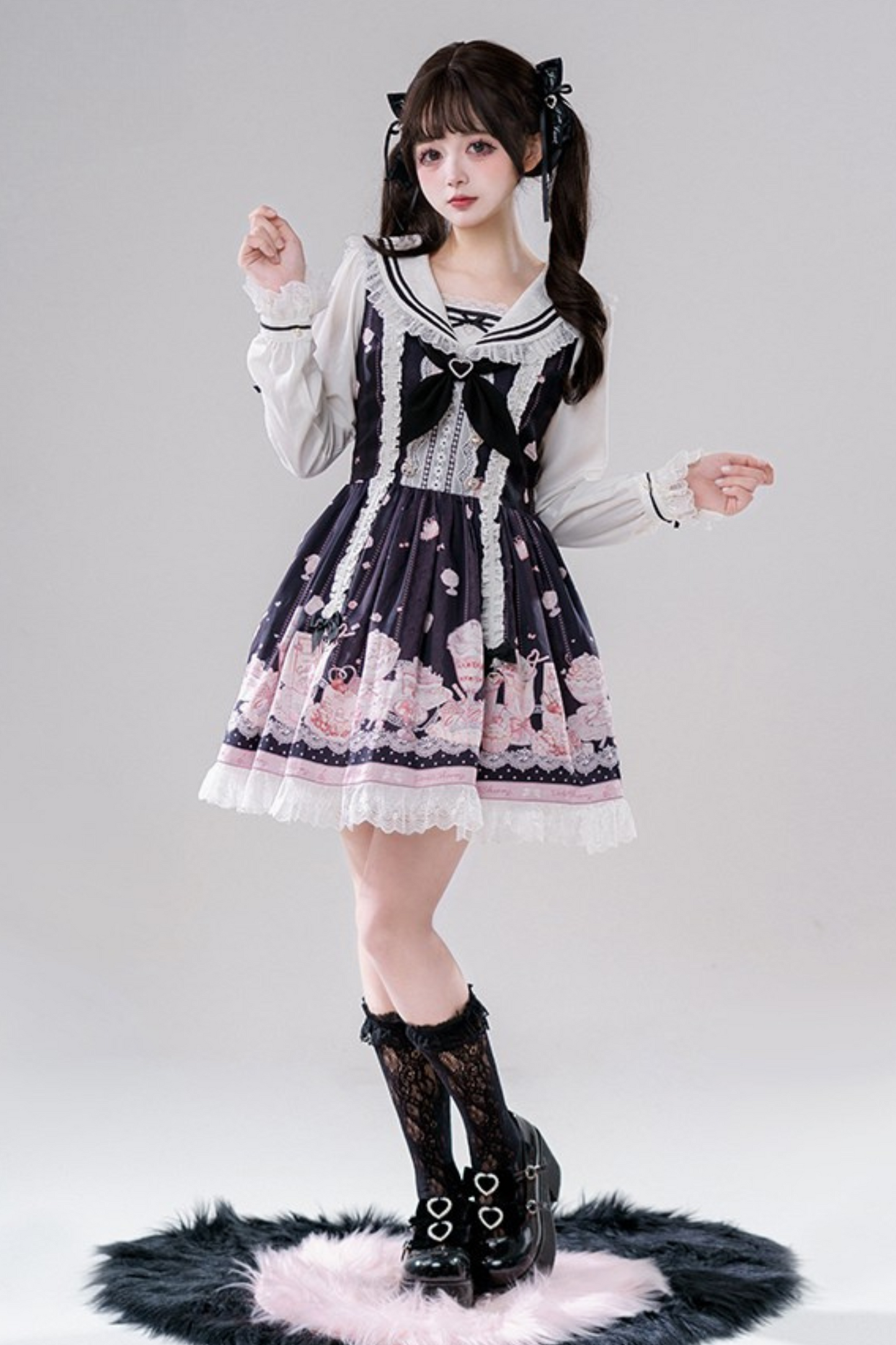 Sailor Color Sweetheart Print Dress + V-Neck Frilled Knit Cardigan