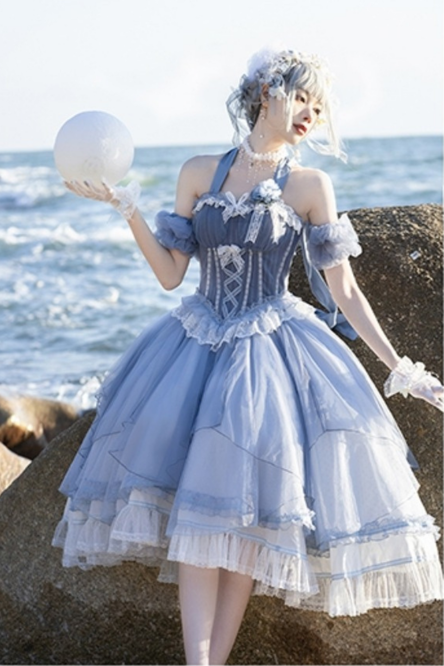 [Reservation Deadline: March 18] Gradient Blue Elegant Split Bustier Dress Setup + Accessories