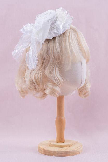 ホワイトレースブライダルスタイルボンネット+ヘアバンド+クリップ+スリーブ