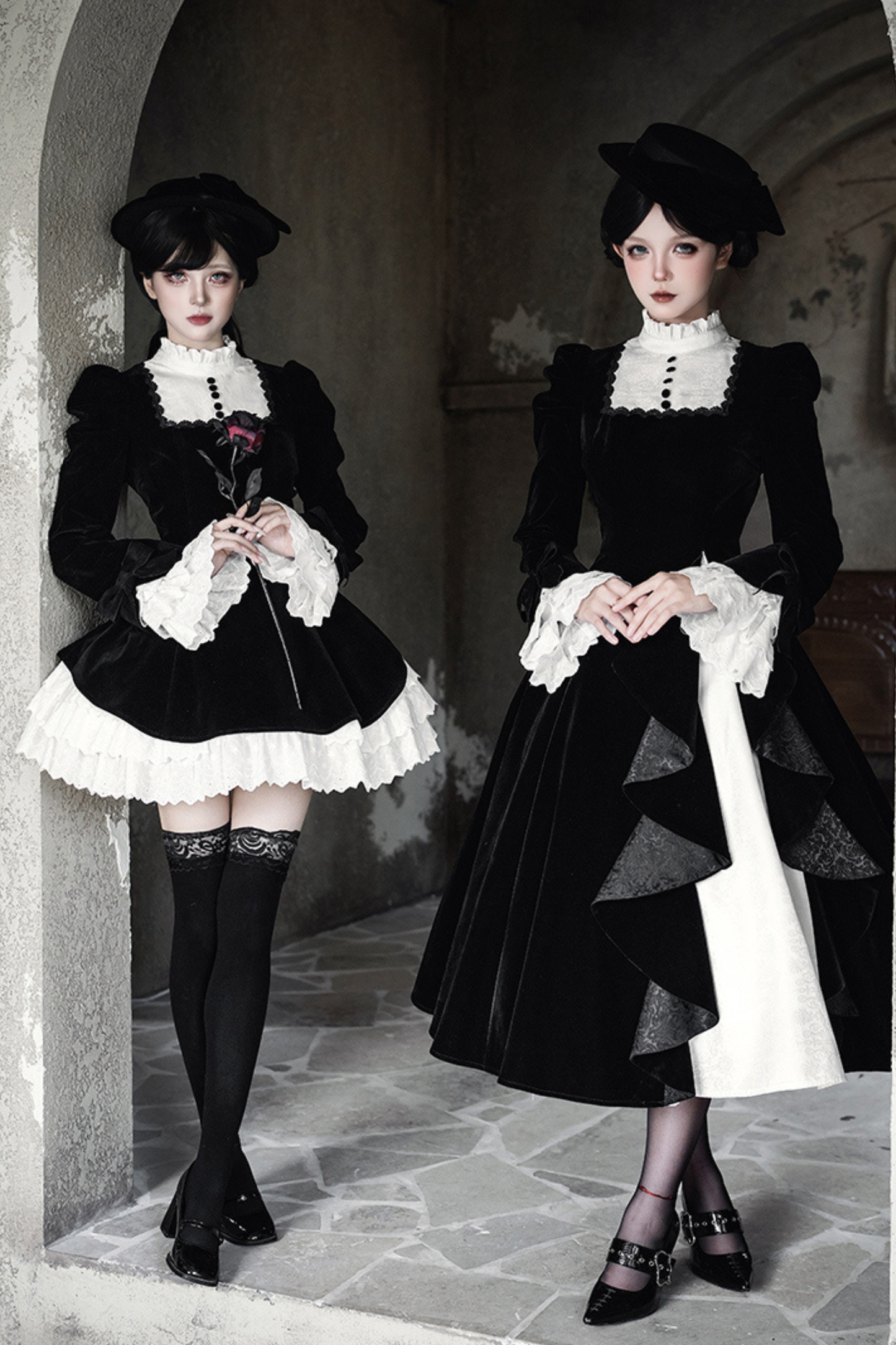 エレガントスリムコントラストカラーツインドレス+カラー+リボン+ブローチ+ハット