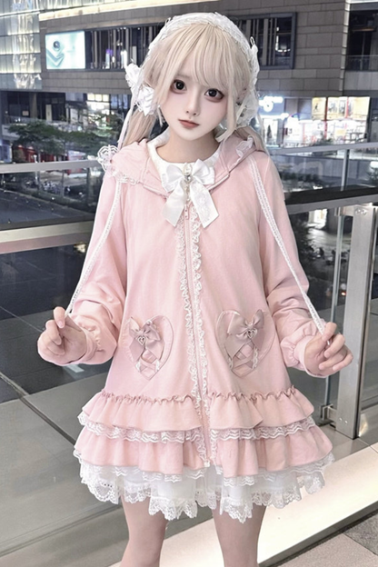 스위트 하트 토끼 후드 프릴 재킷